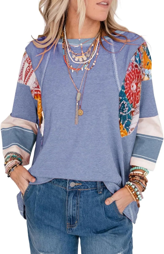 🍂Autumn Sales 49% OFF🔥Women's Batwing 3/4 Sleeve Stripe Patchwork Blouse