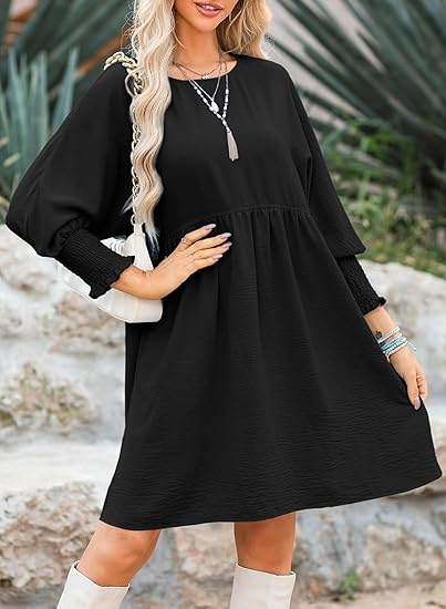🌷Summer Hot Sale 60% Off💕Round Neck Short Sleeve Smocked Tunic Dress with 3/4 Sleeves