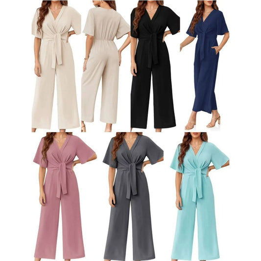 ⏰LAST HOT SALE 49% OFF!!💖Women's Elegant V-Neck Wide Leg Waist Tie Jumpsuit