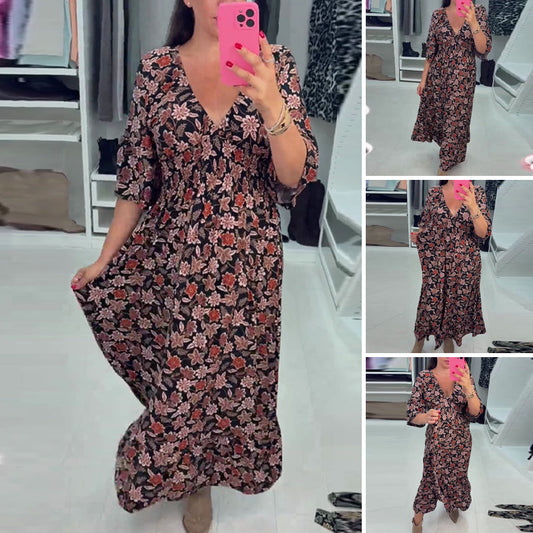 💃Time-limited Special 60%OFF⏰V-neck Printed Maxi Dress with 3/4 Sleeves🍁Let this Autumn be Filled with Your Elegance💗