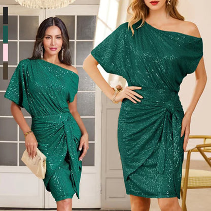 💃70% OFF!!!-Ready for Christmas's Party!!!🎅🎉Women's Sparkly One-Shoulder Ruched Dress