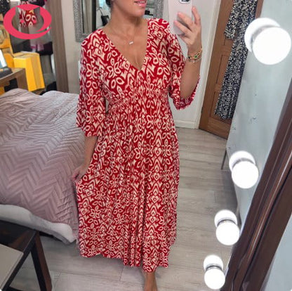💃LAST DAY SALE 49% OFF🔥Bohemian Casual Print V-neck Waist Wrap Long Dress