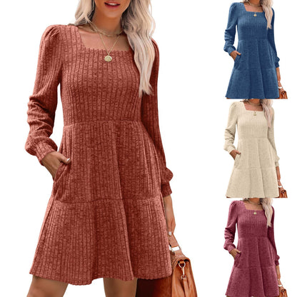 🍂2025 Autumn New Style 60% OFF⏰Women's Square Neck Lantern Sleeve Ribbed Dress|Glow in Autumnal Elegance!🍁