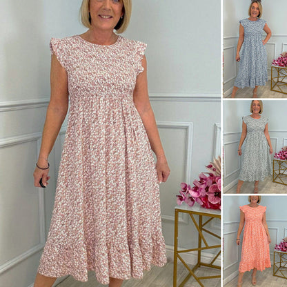 🎉🌷Hot Promotion 50% OFF💃Women's Elegant Floral Print High-Waisted Ruffle Cap Sleeve Dress