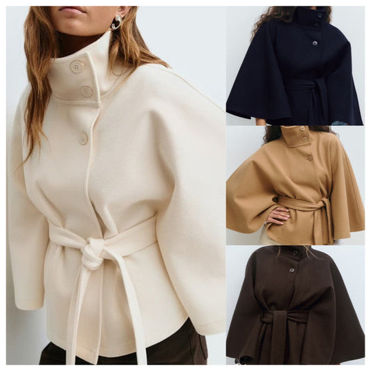 🍁Autumn Special-Sale 60% off - Women's Stand Collar Shawl Coat (with Belt)🧶Chic, Comfortable & Made for Every Occasion