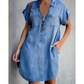 👗Summer Hot Sale - Up to 70% OFF⚡50K+ SOLD!🎁Women Casual Denim Shirt Dress Loose Lapel Short Sleeve Zipper Dress with Pockets