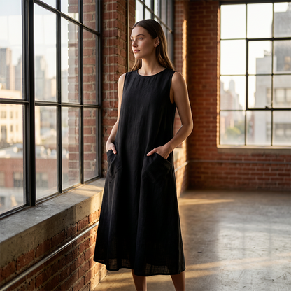 🏆Surprise Price: Only £14.99!!🔥🌿Women's Sleeveless Round Neck Casual Dress Loose Fit Linen-Look Maxi Dress with Pockets