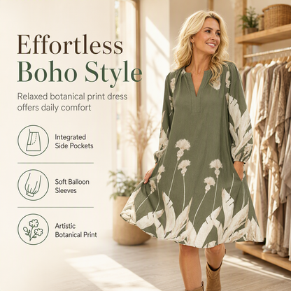👗Autumn’s Sale 50% OFF🧥Women’s Dandelion Leaf Print Midi Dress, 🌼Long Puff Sleeve|V-Neck|Loose 🏮